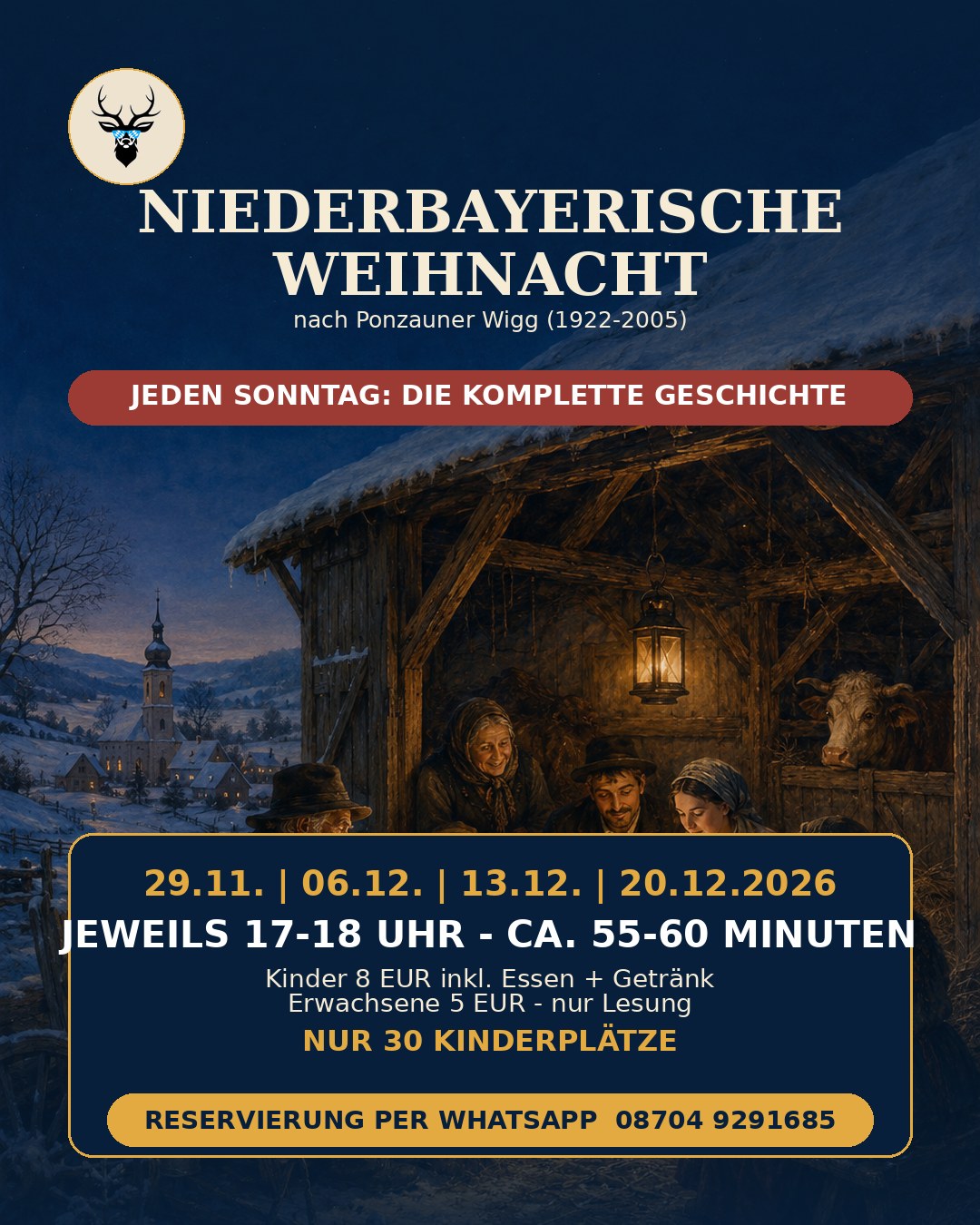 Niederbayerische Weihnacht nach Ponzauner Wigg – Adventslesung beim Jägerwirt Furth an den vier Adventssonntagen 2026
